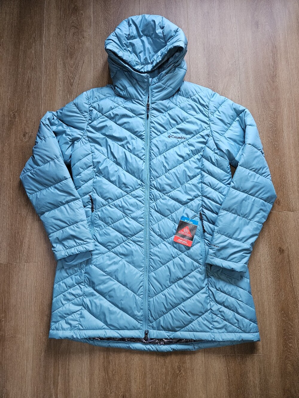 Columbia Heavenly Long Hooded Jacket Aqua Blue Omni-Heat Puffer Women XL NWT
